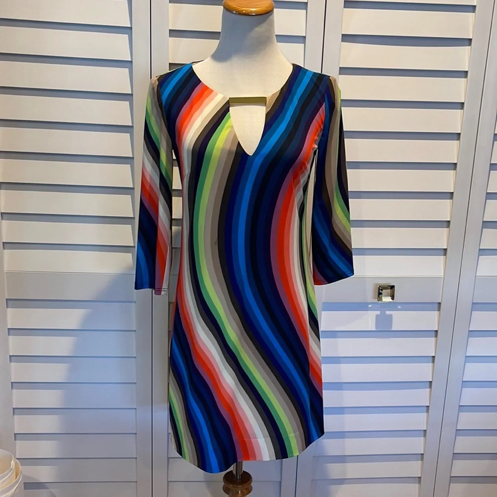 Trina Turk Pre Loved in EUC lined colorful stripes Midi Dress. - Picture 2 of 9